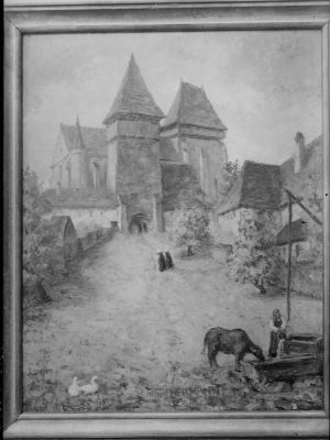 clișeu - Emil Fischer; Biserica fortificată din Bazna - reproducere după un tablou de Hans Hermann.
