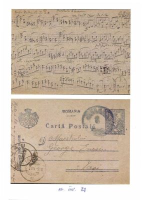 scrisoare - Rusovici C.; Carte poștală trimisă de pe front de C. Rusovici lui George Enescu