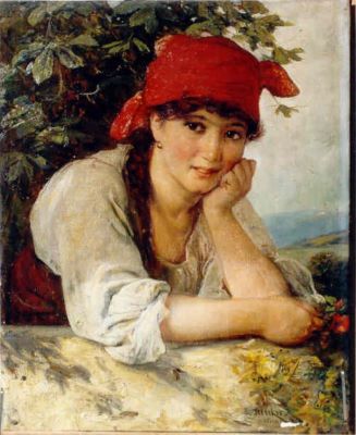 pictură de șevalet - Strecker, Emil; Fată cu basma roșie