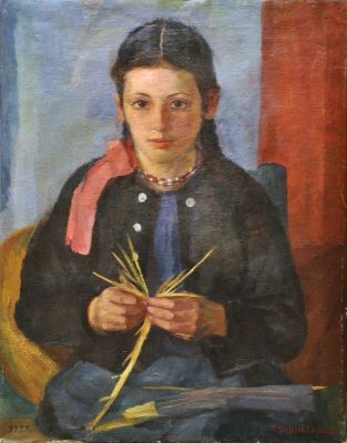 pictură de șevalet - Schullerus, Trude; Împletitoarea