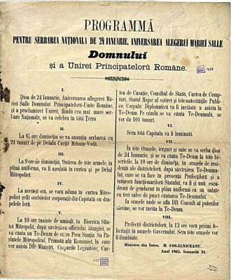 Document redactat în Cabinetul ministrului de interne Mihail Kogălniceanu; Anunț al ministrului de interne M. Kogălniceanu privind serbarea națională din 24 ianuarie 1865, reprezentând alegerea ca domn al lui Alexandru Ioan Cuza și a unirii Principatelor Române
