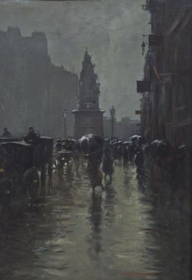 pictură de șevalet - Lăzărescu, Emilian; Stradă pe ploaie