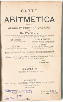 Patriciu, Gr.; Carte de Aritmetică pentru Clasa IV primară urbană