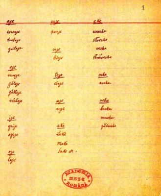manuscris - Eminescu, Mihai; Dicționar de rime, e-i