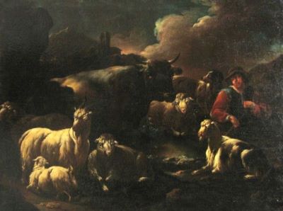 pictură - Roos, Cajetan (genul lui); Peisaj cu vite