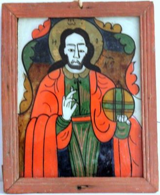 icoană pe sticlă - anonim; Iisus Cristos Pantocrator