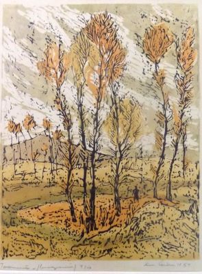 linogravură - Cerbu, Eva; Toamnă