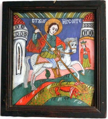 icoană pe sticlă - zugravi din familia Grecu; Sf. Gheorghe