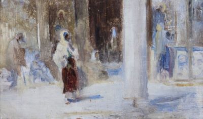 pictură de șevalet - Aman, Theodor; În curte. Verso: În biserică