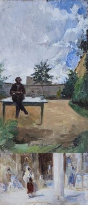 pictură de șevalet - Aman, Theodor; În curte. Verso: În biserică