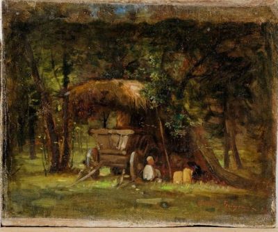 Pictură pe șevalet - Grigorescu, Nicolae; Căruță sub umbrar în pădure