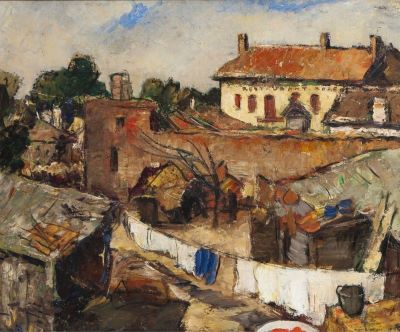 Pictură de șevalet - Tonitza, Nicolae; Curte cu rufe – Mangalia