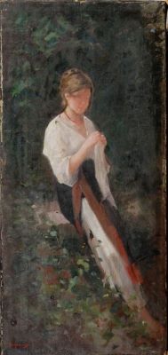 Pictură pe șevalet - Grigorescu, Nicolae; Țărancă cosând
