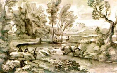 desen - Dughet, Gaspar; Peisaj reprezentând valea unui fluviu