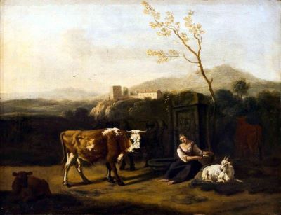 pictură de șevalet - Bergen, Dirk van; Peisaj cu animale