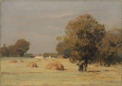 pictură de șevalet - Popescu, Ștefan; Lunca cu căpițe de fân cosit