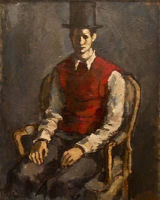 pictură - Damian, Horia; Model cu vestă roșie