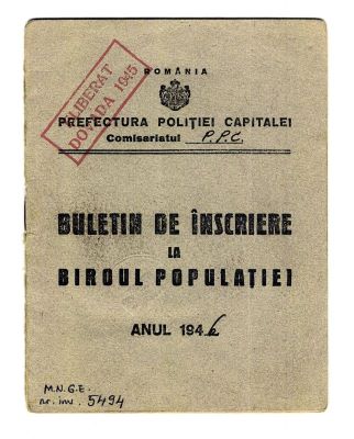 Imprimeria Centrală București; Buletin de Înscriere la Biroul Populației aparținând lui George Enescu