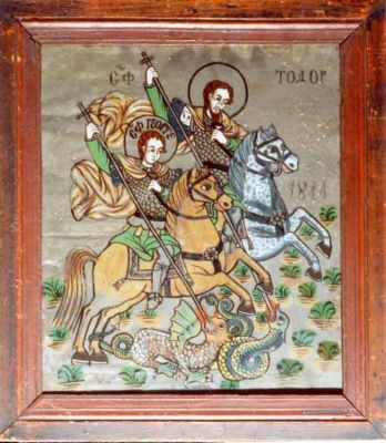 icoană pe sticlă; Sfinții Gheorghe și Teodor