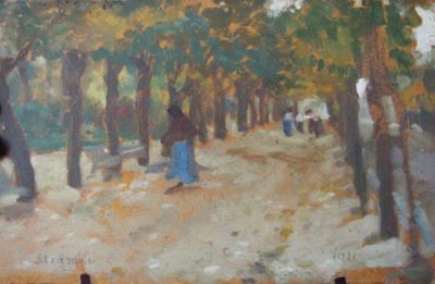 pictură de șevalet - Strâmbu(lescu), Ipolit; Peisaj de pădure toamna (Alee într-un parc văzută toamna)