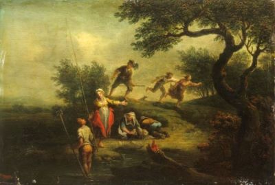 pictură - Canton, Franz Thomas; Peisaj cu pescari; pandant: Peisaj cu pescari și băiat cu flaut