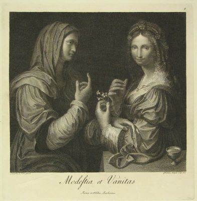 gravură - Volpato, Giovanni; (SC.); Vinci, Leonardo da; (PX.); Hamilton, Gavin; (EX.); Modestia et Vanitas; (Modestia și Vanitatea)