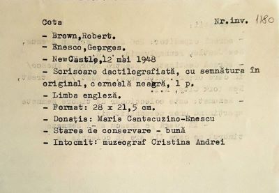 Robert Brown; Scrisoare adresată compozitorului George Enescu de către colecționarul de timbre Robert Brown, Newcastle, 12 mai 1948