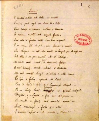 manuscris - Eminescu, Mihai; Versuri (Scrisoarea a II-a, Scrisoarea a III-a, Legenda Luceafărului, Codrul, Glossa), Însemnări istorice, Dicționar de rime