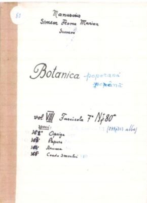 manuscris - Marian, Simion Florea; Botanică poporană: vol. VIII, fascicola 7: specii: Opsiga, Papura, Aruma, Coada smeului
