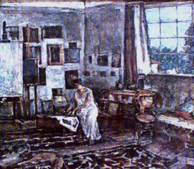 pictură - Petrașcu, Gheorghe; Interior de atelier cu femeie în alb