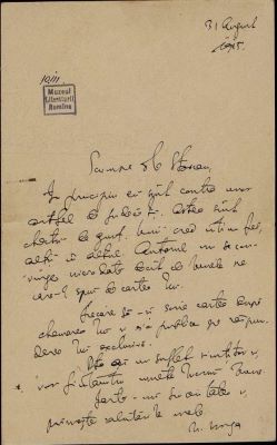 corespondență - Scrisoarea a fost redactată de Nicolae Iorga.; Scrisoare datată „31 august 1915“, adresată de Nicolae Iorga lui I. I. Stoican.