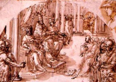 desen - Ricci da Novara, Giovanni Battista; Honorius al III lea aprobă regula franciscană (proiect de ornament)