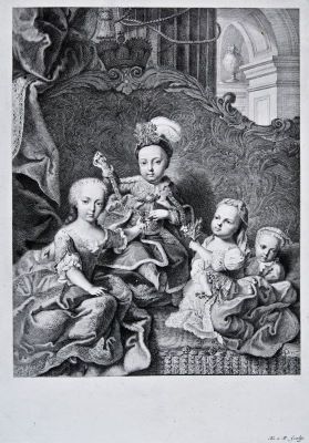 gravură - Gregori, Carlo; (SC.); Pazzi, Pietro Antonio; (SC.); Meytens, Martin von; (PX.); Iosif al II-lea copil, în costum maghiar, împreună cu trei arhiducese (În registrul inventar: „Iosif II-lea copil”)
