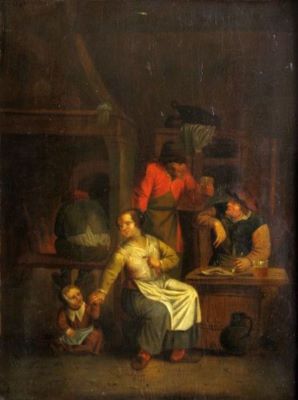 pictură - Sellmoseen, Josef; Țărancă cu un copil la cârciumă ; pandant: Țăran galant la cârciumă