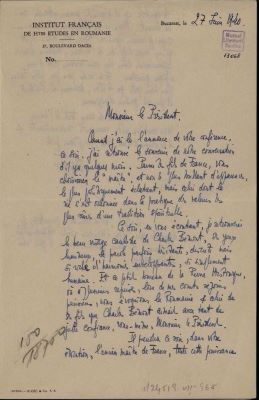 corespondență - Scrisoarea a fost redactată de Alphonse Dupront; Scrisoare datată „27 iunie 1940“, adresată de Alphonse Dupront lui Nicolae Iorga