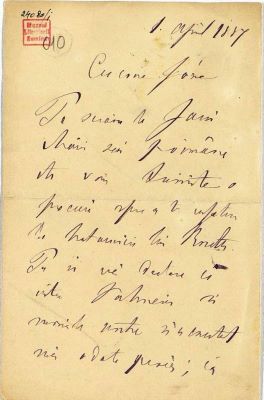 manuscris - Scrisoarea a fost redactată de M. Kogălniceanu; Scrisoare adresată de Mihail Kogălniceanu fiului său, Ioan, datată „1 aprilie 1887, București”