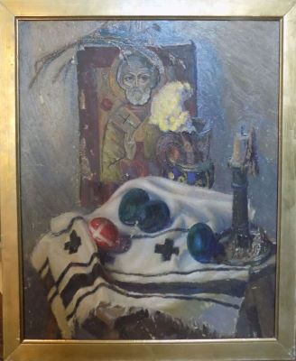 pictură de șevalet - Biju, Leon Alexandru; Nat(ură) moartă (cu obiecte religioase)