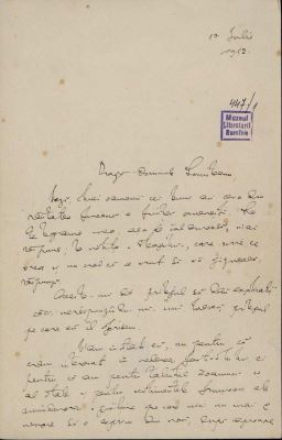 corespondență - Scrisoarea a fost redactată de Nicolae Iorga; Scrisoare datată „17 iulie 1912“, adresată de Nicolae Iorga lui Petre Locusteanu
