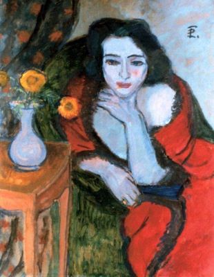 pictură - Pallady, Theodor; Femeie în fotoliu verde (Portret de doamnă cu o glastră de flori)