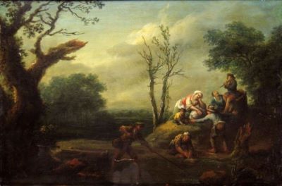 pictură - Canton, Franz Thomas; Peisaj cu pescari și băiat cu flaut; pandant: Peisaj cu pescari