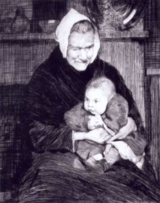 gravură - Lee-Henkley, William; Bătrână cu copil