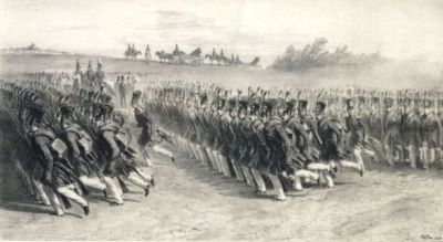 litografie - Raffet, Auguste-Denis-Marie; Infanterie valaque defilant au pas de course. Bukharest (Valachie)