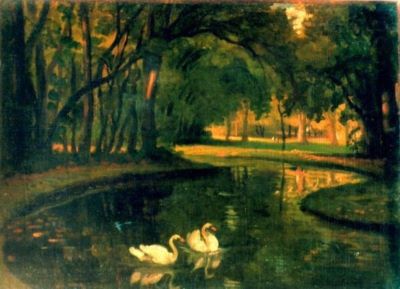 pictură - Lépin, Stanislav Victor Eduard; Peisaj cu lebede pe un lac în mijlocul pădurii