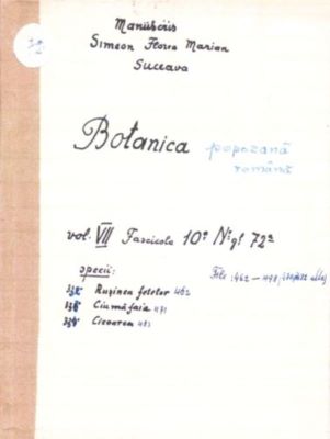 manuscris - Marian, Simion Florea; Botanică poporană: vol. VII, fascicola 10: specii: Rușinea fetelor, Ciumăfaia, Cicoarea