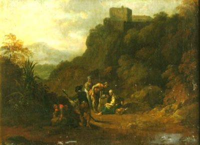 pictură - Brand, Christian Hülfgott; Peisaj cu castel pe deal; pandant: Peisaj de munte cu fortificații