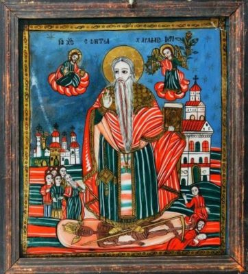 icoană pe sticlă - Moga, Savu; Sfântul Mare Mucenic Haralambie