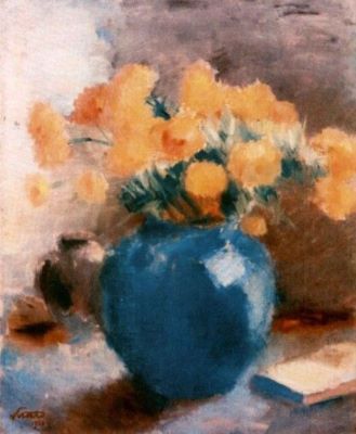 pictură - Șirato, Francisc; Flori galbene și vas albastru