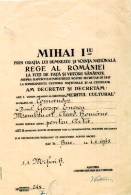 Ministerul Culturii Naționale și al Cultelor; Brevet prin care regele Mihai numește membru al Ordinului „Meritul Cultural” în grad de Comandor pe George Enescu