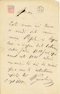 manuscris - Scrisoarea a fost redactată de M. Kogălniceanu; Scrisoare adresată de Mihail Kogălniceanu fiului său, Ioan, datată „5 septembrie 1888”