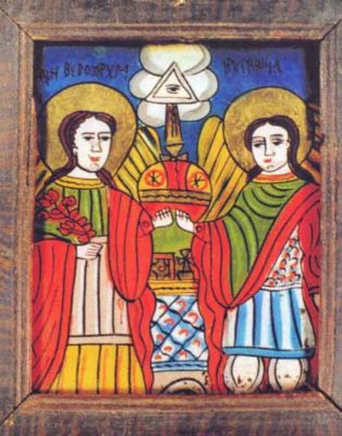 icoană pe sticlă; Sfinții Arh. Mihail și Gavril
